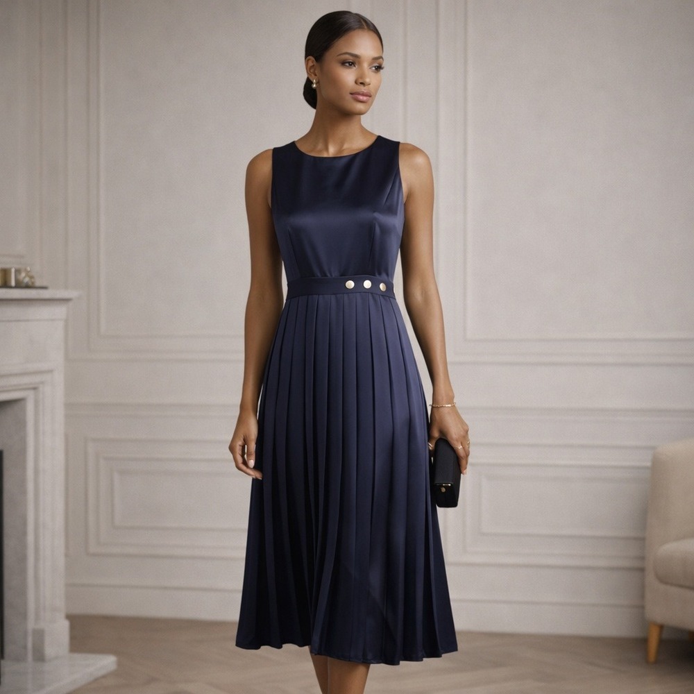 8 by Yoox Navy Satin Pleated Midi Dress Small US 4-6 IT 40